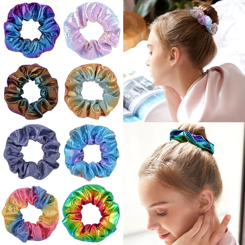 Glittery scrunchie set, Colorful hair ties, Elastic glitter hair bands, Sparkling ponytail holder, Hair accessory for girls, Shimmering hair scrunchies, Rainbow glitter scrunchie collection, Trendy hairband set, Dazzling ponytail accessory, Women's sparkling hair tie.
