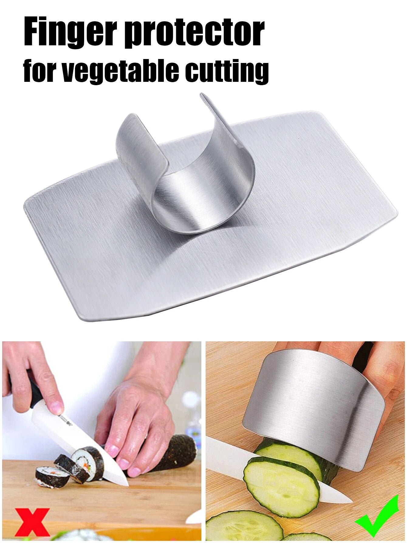 Safety finger guard, Stainless steel protector, Anti-cut kitchen tool, Durable hand shield, Vegetable cutting safety, Knife blade protector, Ergonomic finger guard, Essential kitchen gadget, Hygienic cutting aid, Home finger protection.